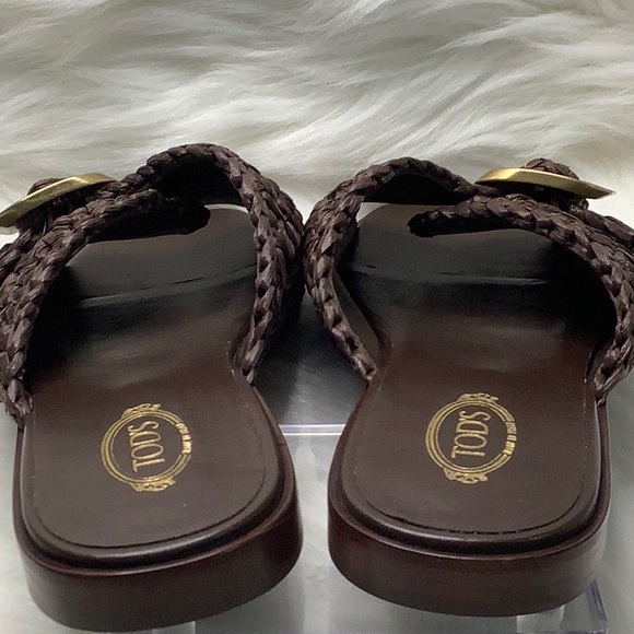 🤎LIKE NEW (w/ COA) TOD'S Brown Raffia Buckle Flat Sandals - Picture 3 of 16